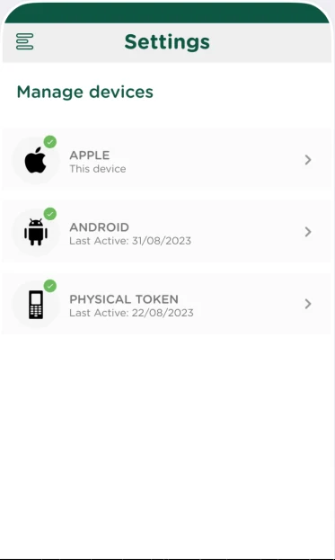 myAPS Manage devices: an Apple phone, an Android phone and a physical token