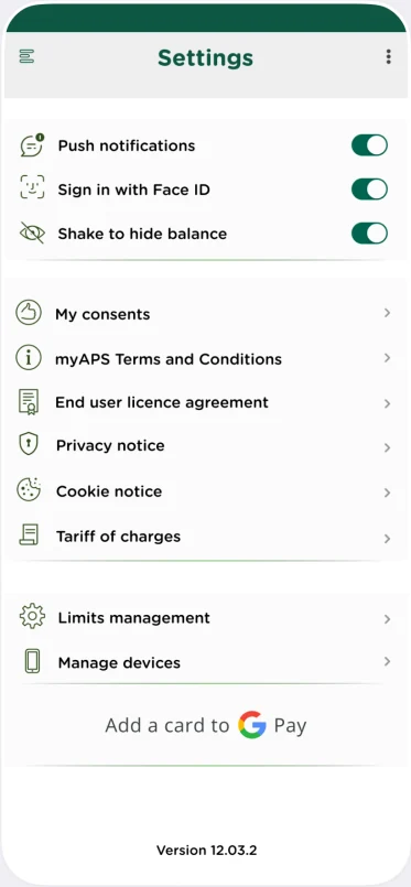 myAPS settings with switches for push notifications, sign in with Face ID and shake to hide balance