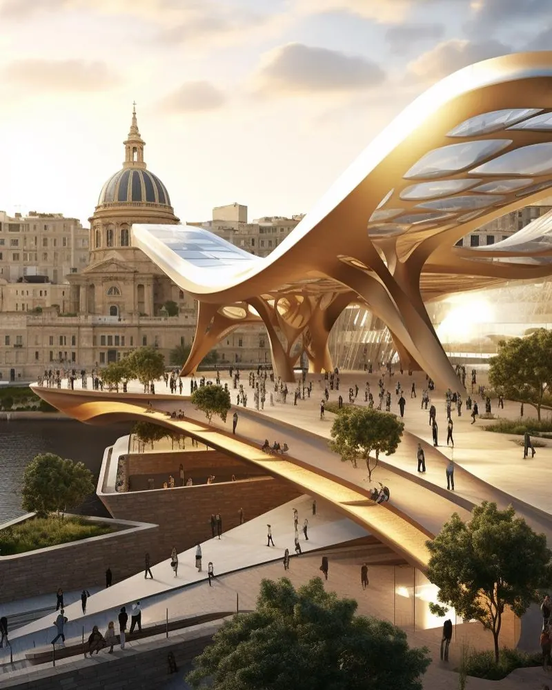 A curving timber pavilion beside a baroque dome