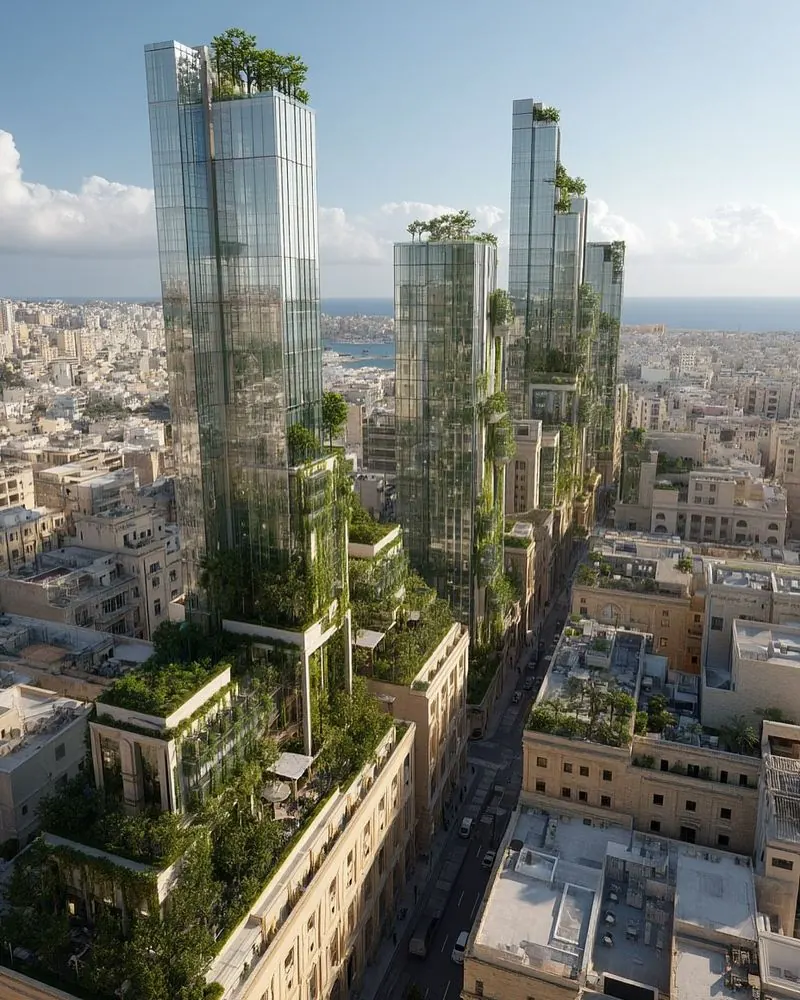 Plant-covered towers rising above the harbour