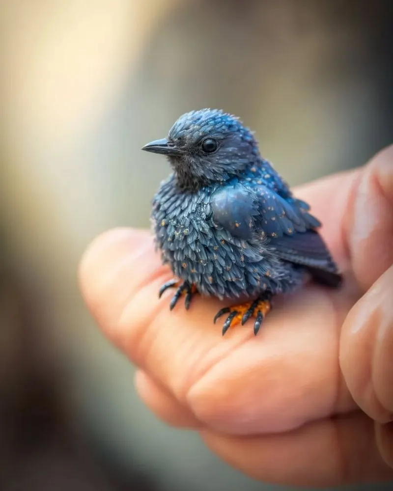 A blue rock thrush chick held in a hand