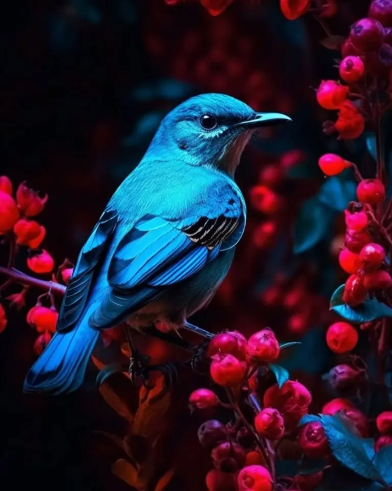 A blue rock thrush among red berries