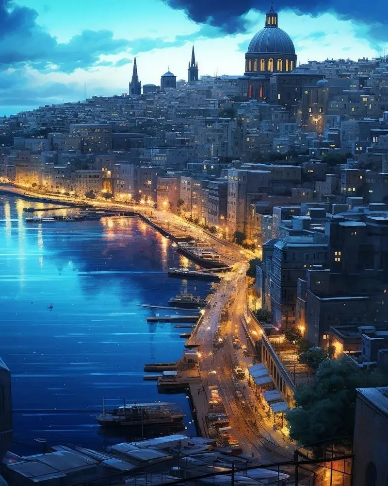 A glowing harbour city under a deep blue night