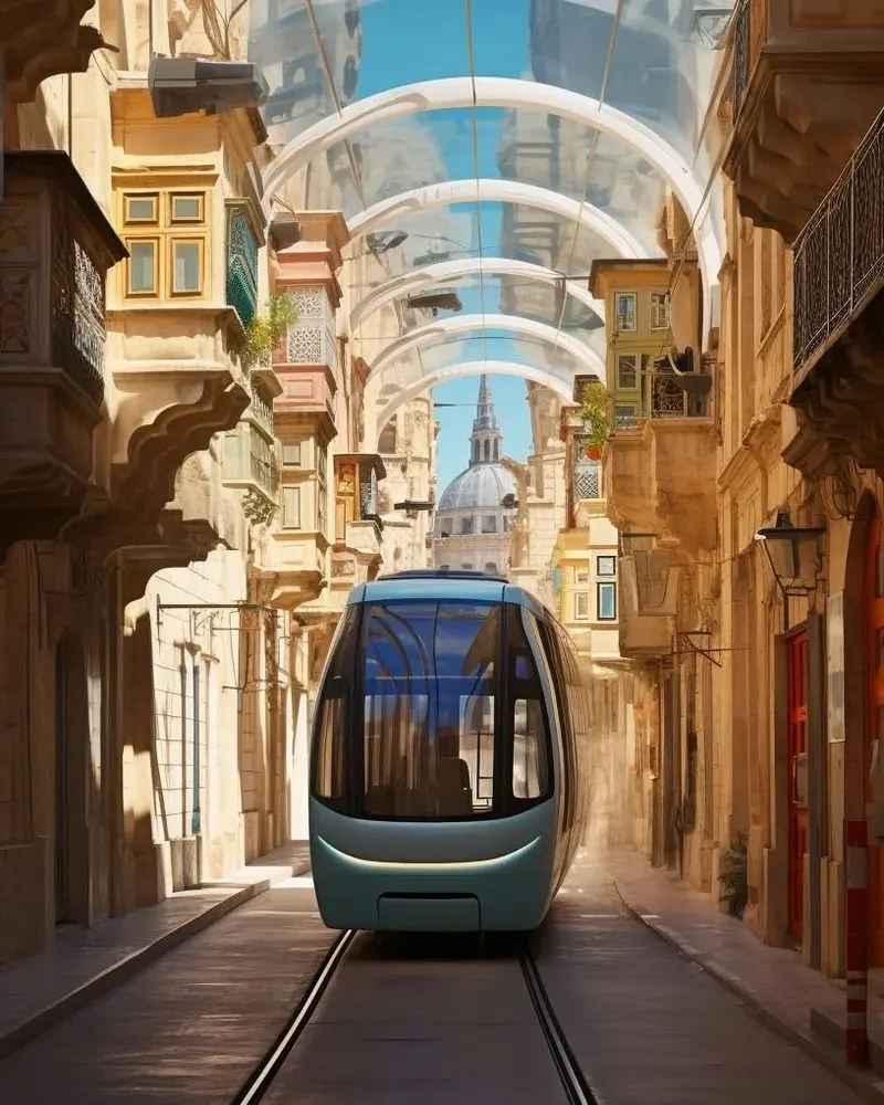 A tram glides under a glass canopy through a Valletta street