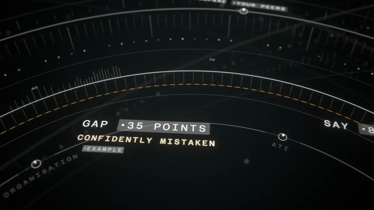 Thin white rings on black with orange labels reading gap, 35 points, confidently mistaken: a frame from Calibrate