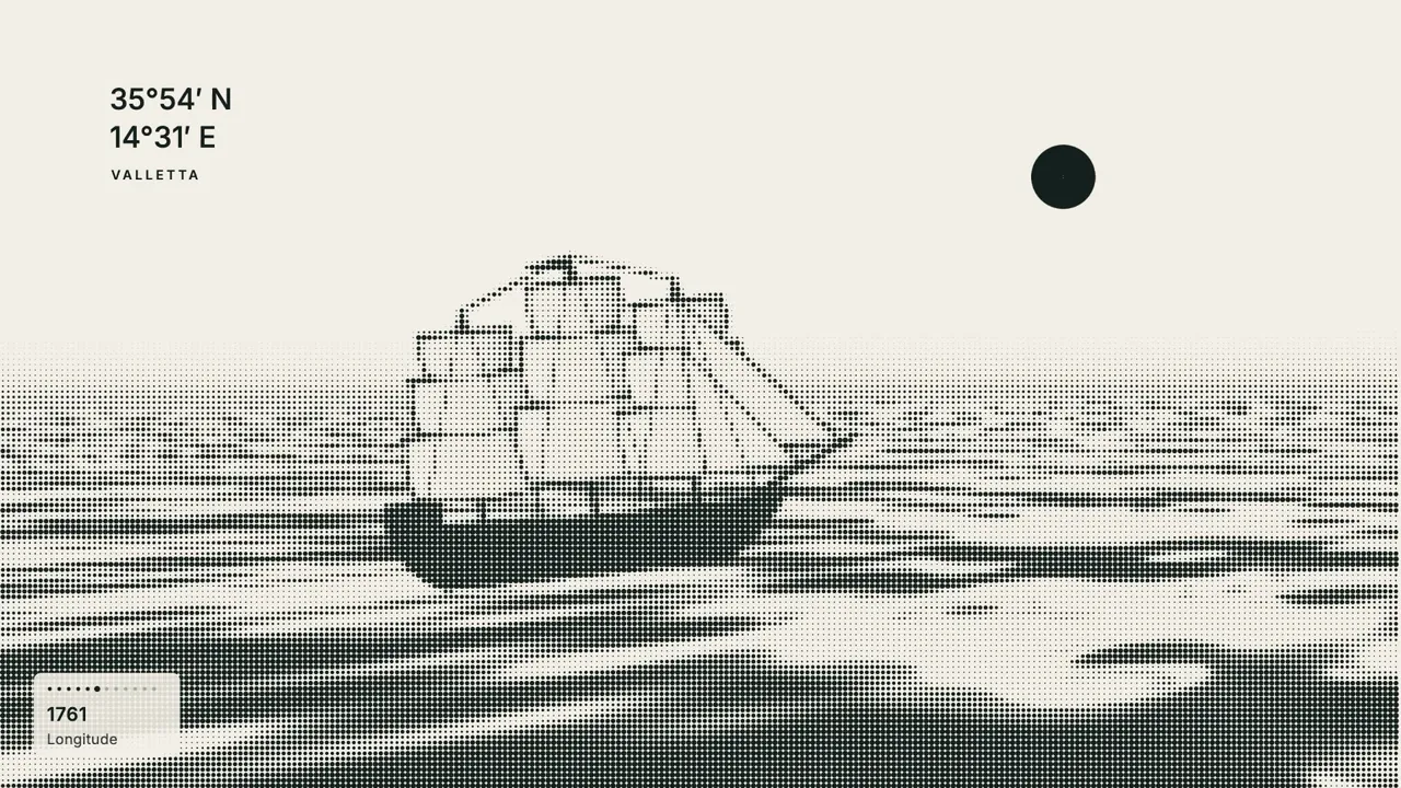 A ship drawn in dots at sea, labelled with Valletta’s coordinates and 1761, longitude: a frame from The Measure