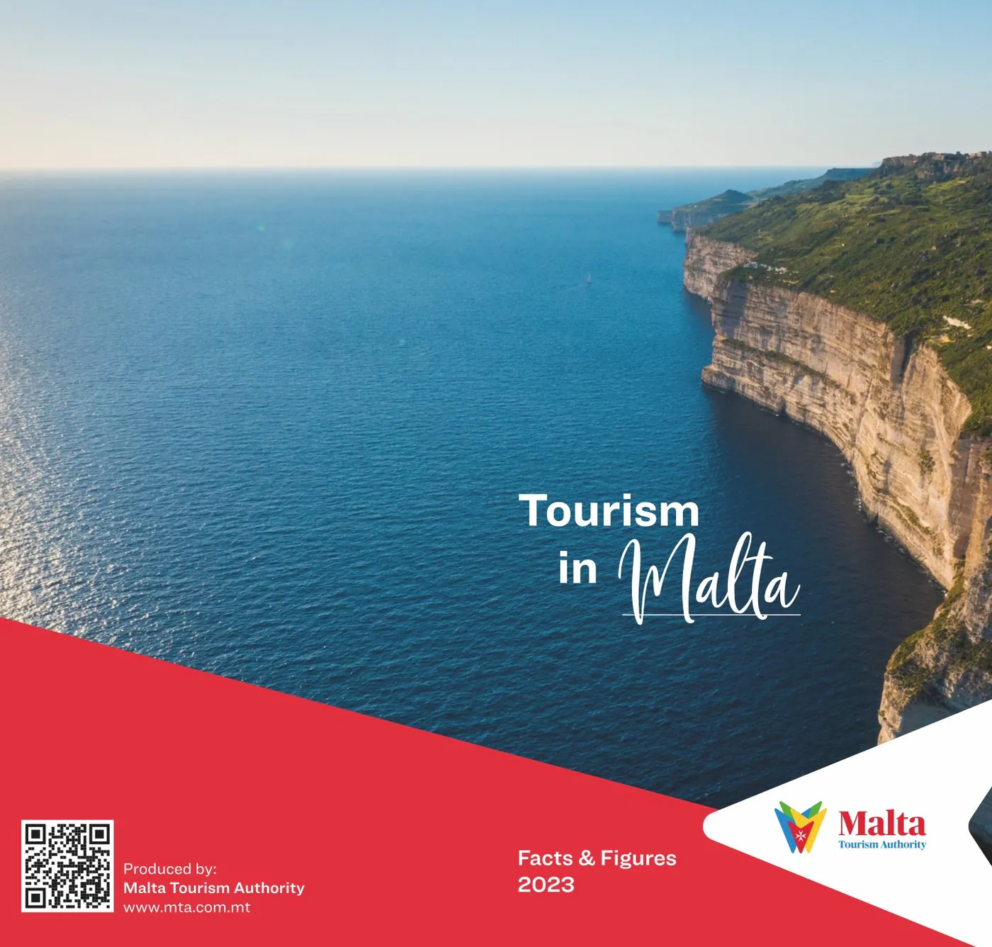 Cover of Tourism in Malta, Facts & Figures 2023: sea cliffs and a red diagonal