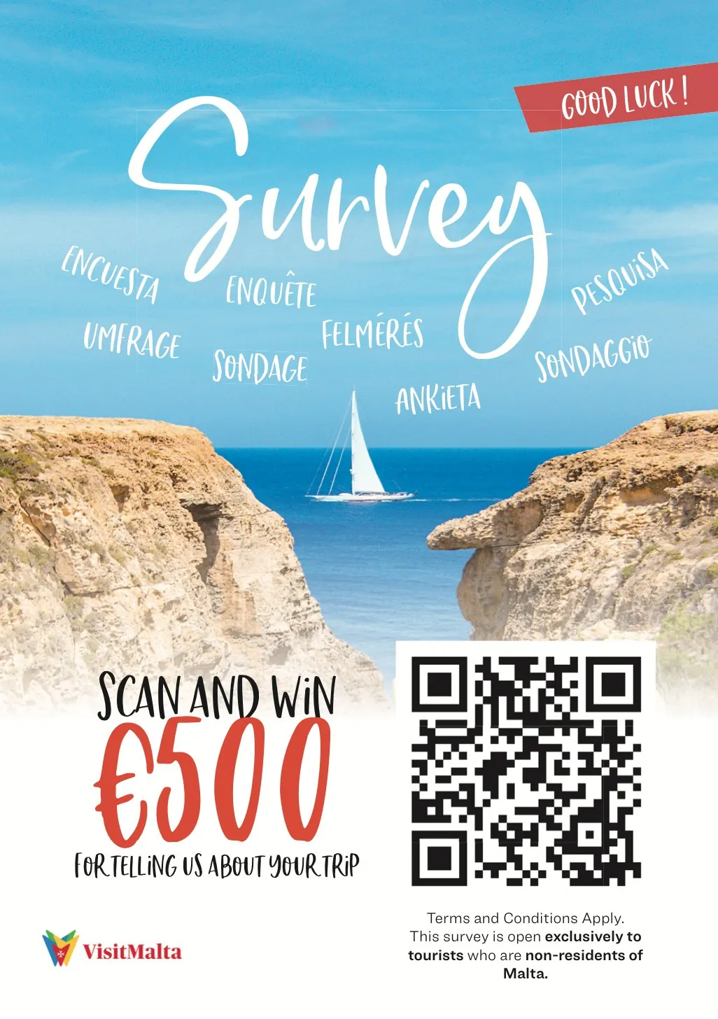 Visit Malta survey flyer: Survey in script over a Gozo cliff, the word survey in eight languages, and a QR code